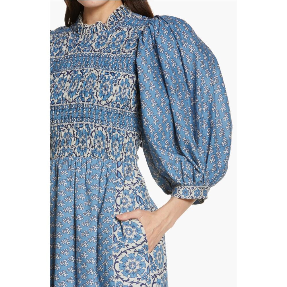 Sea New York Tuckernuck Fernanda Puff Sleeve Smocked Midi Dress Blue Cottage XS - Picture 11 of 14